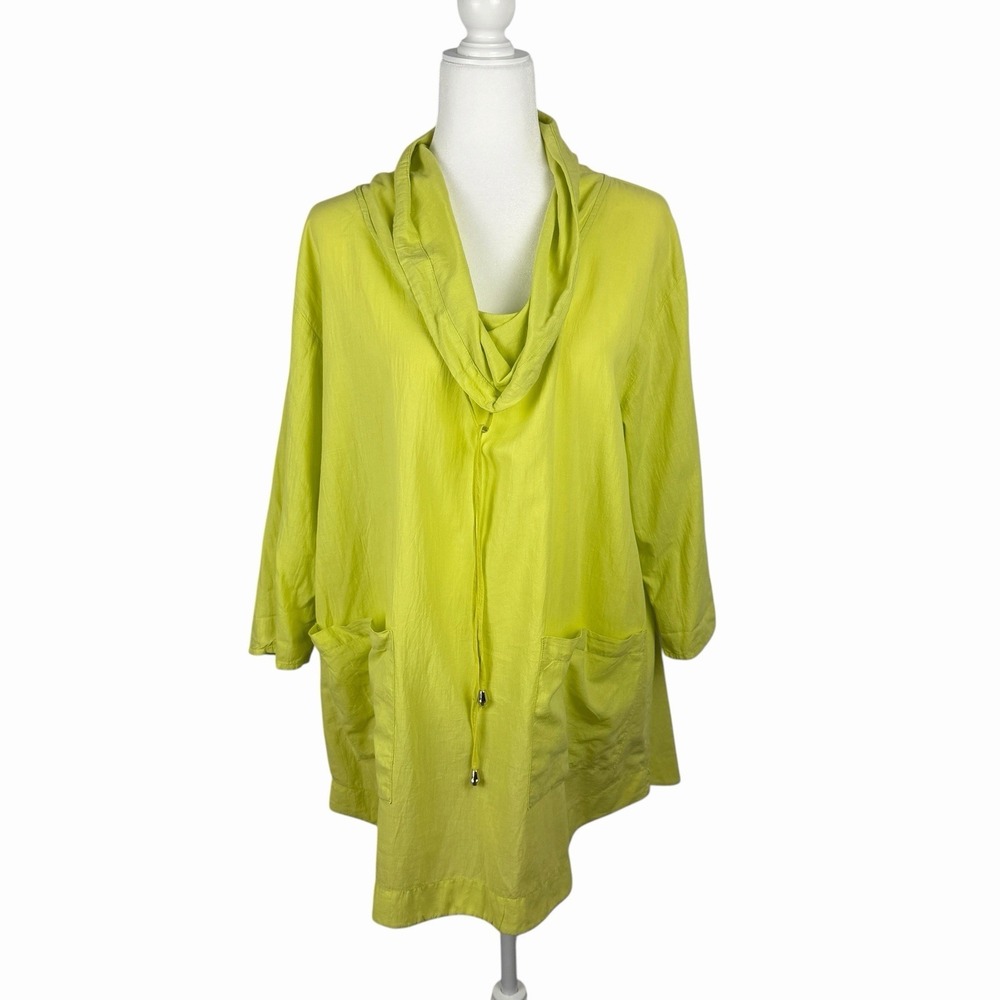 Focus Casual Life Chartreuse Lime Green Cowl Neck Tunic Top M Lagenlook Cotton